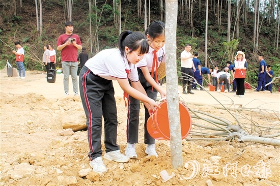恩平華附學校的學生也參加了在泉林黃金小鎮(zhèn)舉行的植樹活動。