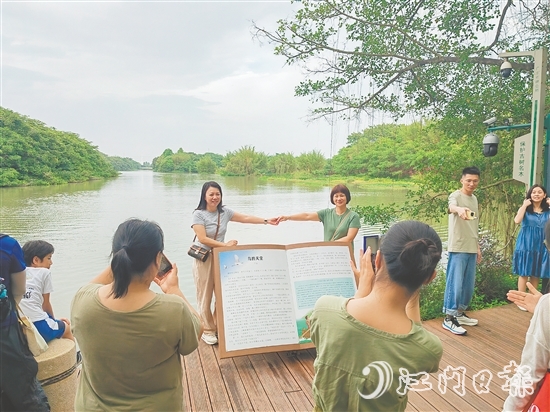 游客紛紛與“鳥的天堂”合影。