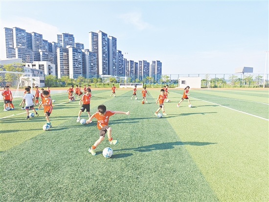 足球小將在綠茵場上奮力奔跑。