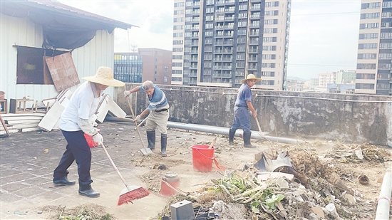 石田村“銀發(fā)行動隊”隊員在清理房頂垃圾。諶磊
