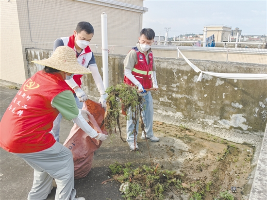 廣大黨員干部當先鋒，圖為鶴山市桃源鎮(zhèn)黨員干部正在清理天臺垃圾。
