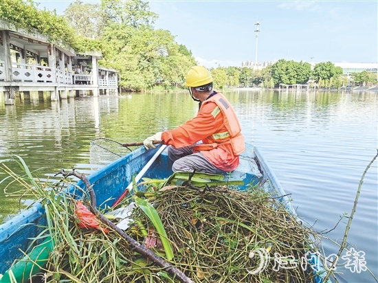 鶴山市對公園、景區(qū)開展環(huán)境治理，清理岸坡垃圾雜草和水面漂浮物。