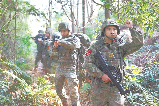 鶴山市人武部組織隊(duì)員在林地模擬實(shí)戰(zhàn)訓(xùn)練。